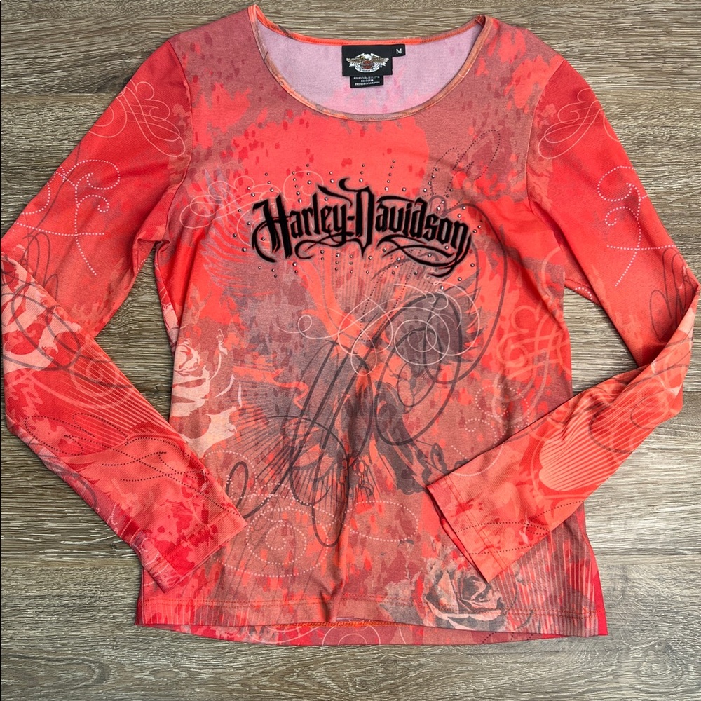 🔥 Harley-Davidson Sheer Mesh Graphic Top Women’s Medium | Tattoo Y2K Long Sleeve